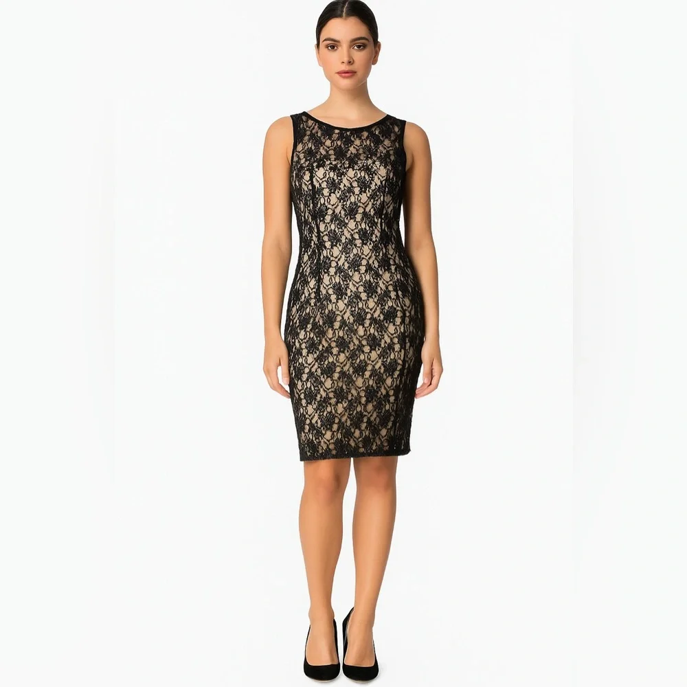 Adrianna Papell Black Lace Embellished Beaded Dress Nude Lined Size 6 NWT - Picture 1 of 14